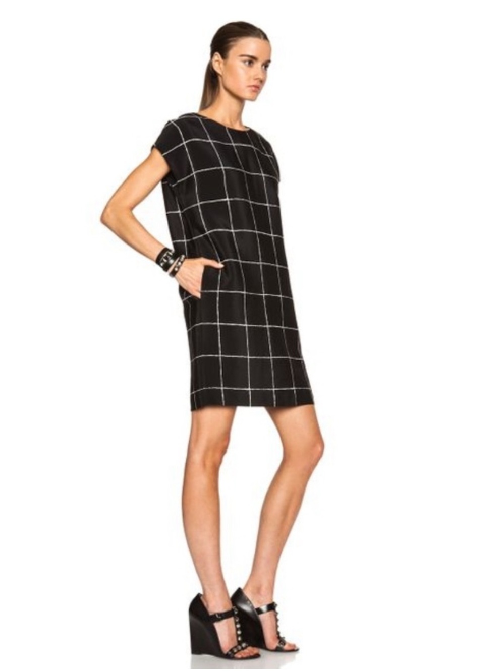 Vince Silk Black Windowpane Shift Dress